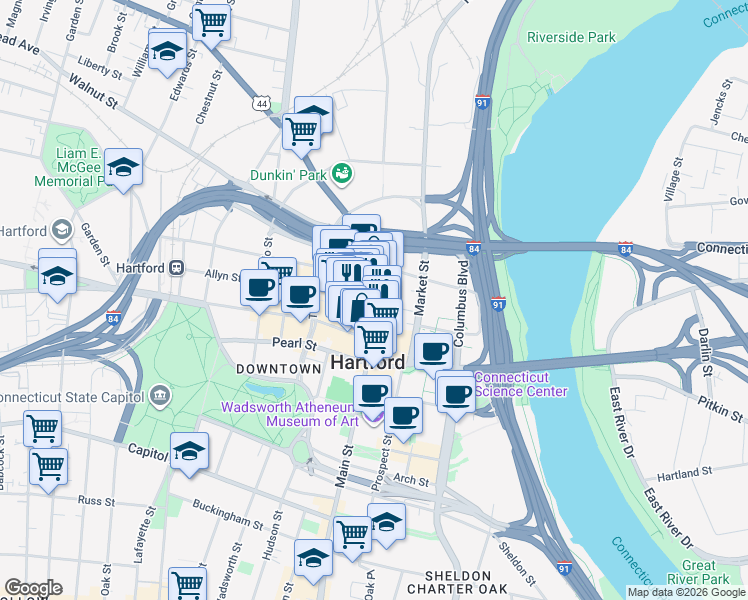 map of restaurants, bars, coffee shops, grocery stores, and more near 905 Main Street in Hartford