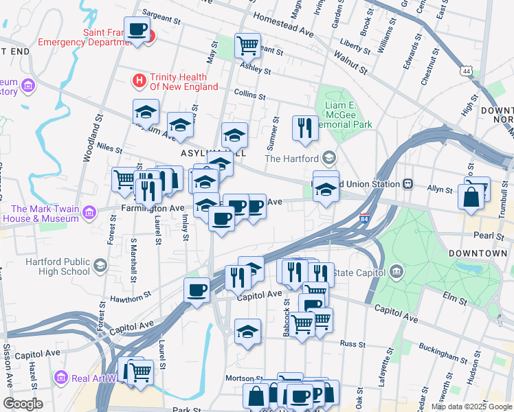 map of restaurants, bars, coffee shops, grocery stores, and more near 142 Farmington Avenue in Hartford