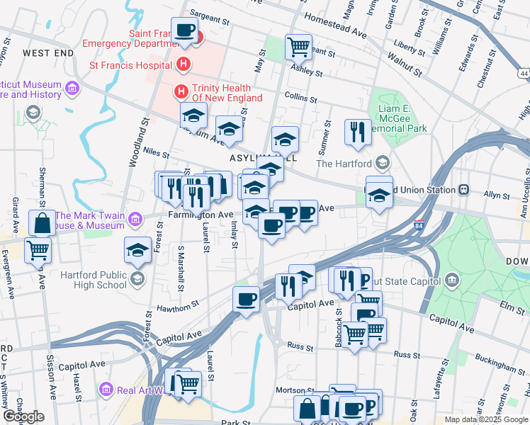 map of restaurants, bars, coffee shops, grocery stores, and more near 65-183 Farmington Avenue in Hartford
