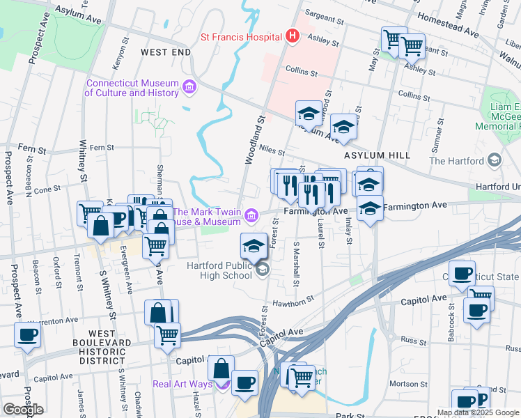 map of restaurants, bars, coffee shops, grocery stores, and more near in Hartford