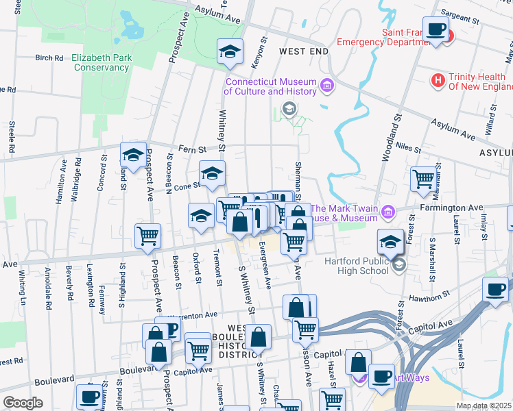 map of restaurants, bars, coffee shops, grocery stores, and more near 28 Kenyon Street in Hartford