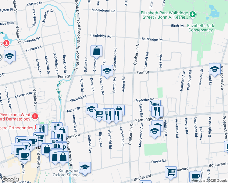 map of restaurants, bars, coffee shops, grocery stores, and more near 27 Bretton Road in West Hartford
