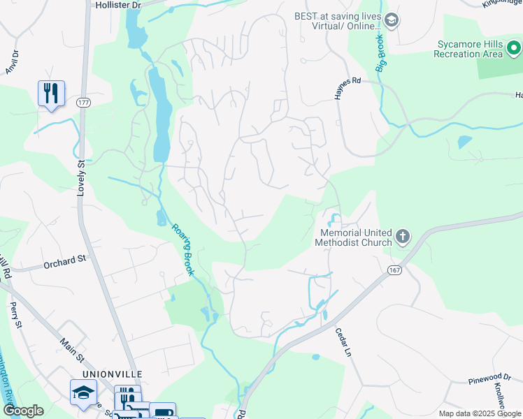 map of restaurants, bars, coffee shops, grocery stores, and more near 24 Canterbury Lane in Avon