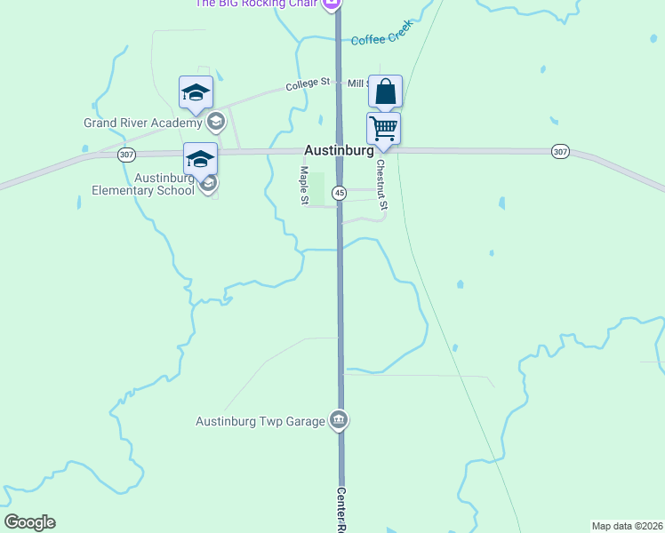map of restaurants, bars, coffee shops, grocery stores, and more near 1578 Ohio 45 in Austinburg