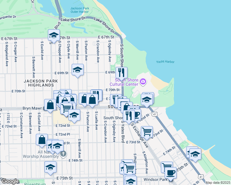 map of restaurants, bars, coffee shops, grocery stores, and more near 7016 South South Shore Drive in Chicago