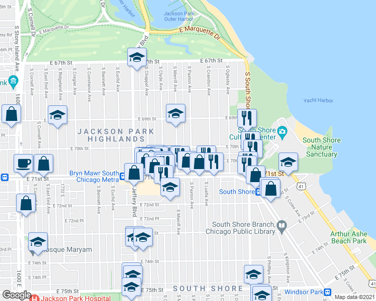 map of restaurants, bars, coffee shops, grocery stores, and more near 7016 South Paxton Avenue in Chicago