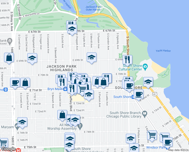 map of restaurants, bars, coffee shops, grocery stores, and more near 7014 South Merrill Avenue in Chicago