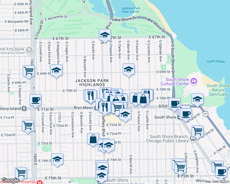map of restaurants, bars, coffee shops, grocery stores, and more near 7019 South Chappel Avenue in Chicago
