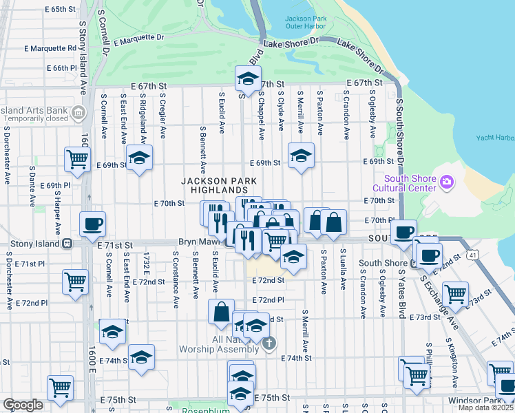 map of restaurants, bars, coffee shops, grocery stores, and more near 7011 South Jeffery Boulevard in Chicago