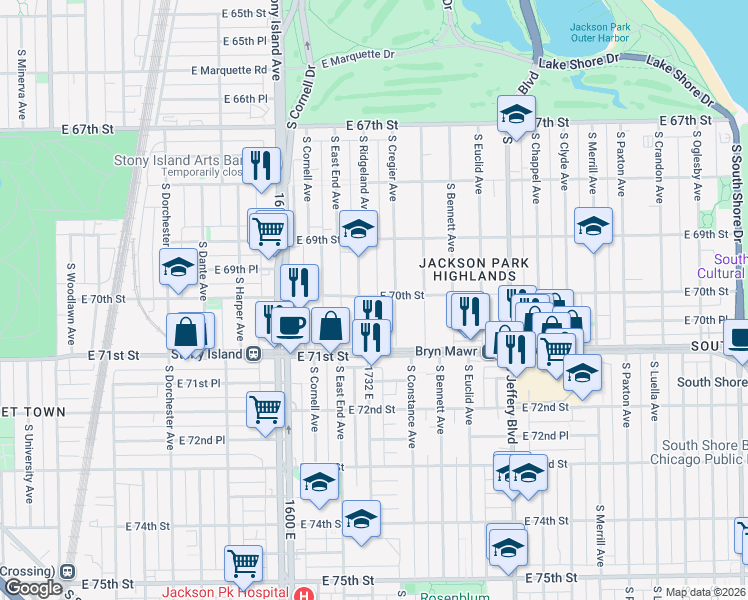 map of restaurants, bars, coffee shops, grocery stores, and more near 7012 South Cregier Avenue in Chicago