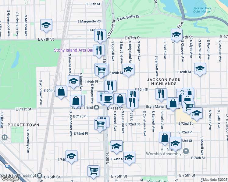map of restaurants, bars, coffee shops, grocery stores, and more near 7010 South Cornell Avenue in Chicago