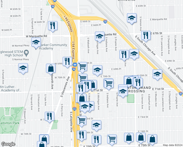 map of restaurants, bars, coffee shops, grocery stores, and more near 60 East 70th Street in Chicago