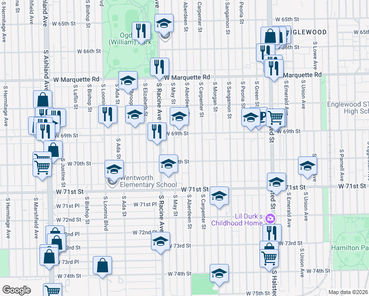 map of restaurants, bars, coffee shops, grocery stores, and more near 6941 South May Street in Chicago