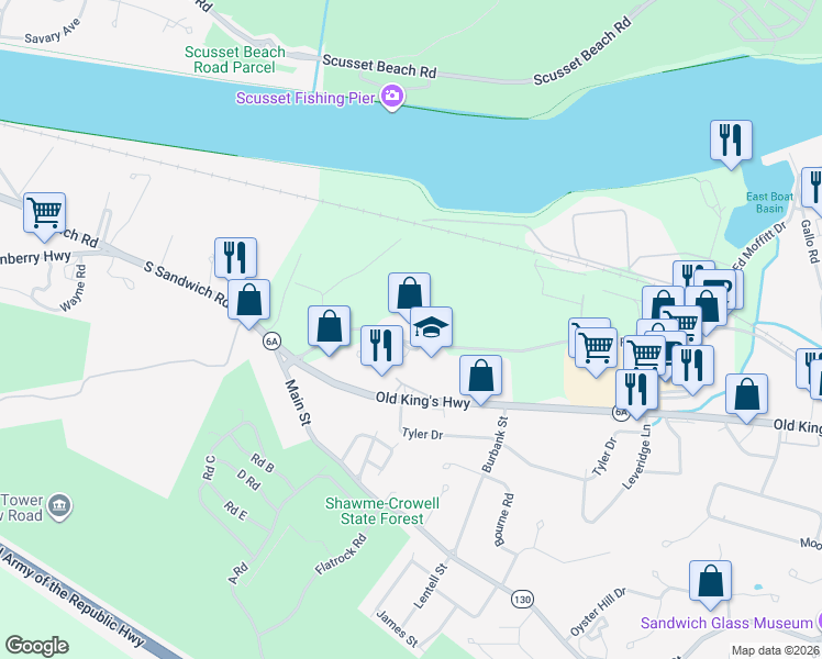 map of restaurants, bars, coffee shops, grocery stores, and more near 15 Tupper Road in Sandwich
