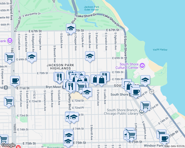 map of restaurants, bars, coffee shops, grocery stores, and more near 7001 South Merrill Avenue in Chicago