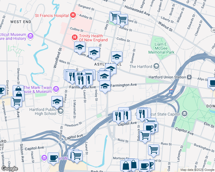 map of restaurants, bars, coffee shops, grocery stores, and more near Farmington Avenue & Sigourney Street in Hartford