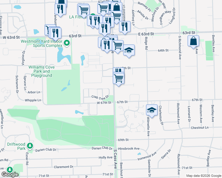 map of restaurants, bars, coffee shops, grocery stores, and more near 1519 Crab Tree Drive in Westmont