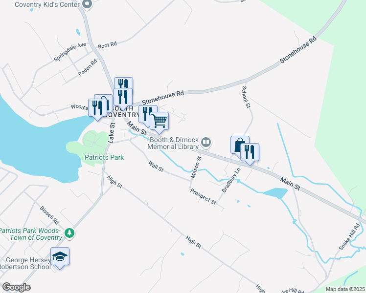 map of restaurants, bars, coffee shops, grocery stores, and more near 1171 Main Street in Coventry