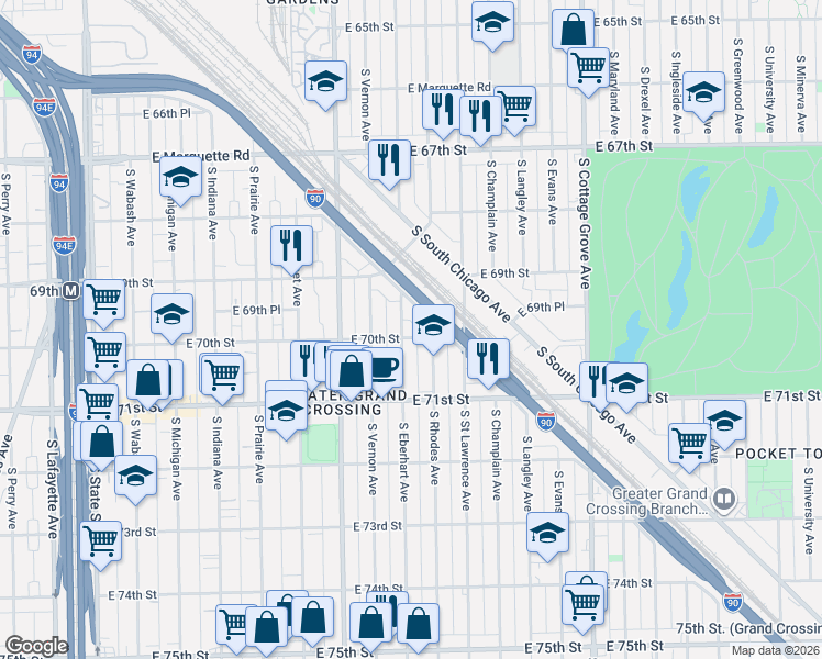 map of restaurants, bars, coffee shops, grocery stores, and more near 7002 South Rhodes Avenue in Chicago