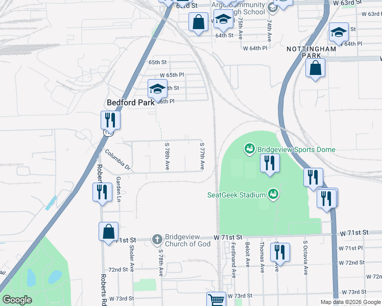 map of restaurants, bars, coffee shops, grocery stores, and more near 6806 Maple Court in Bridgeview