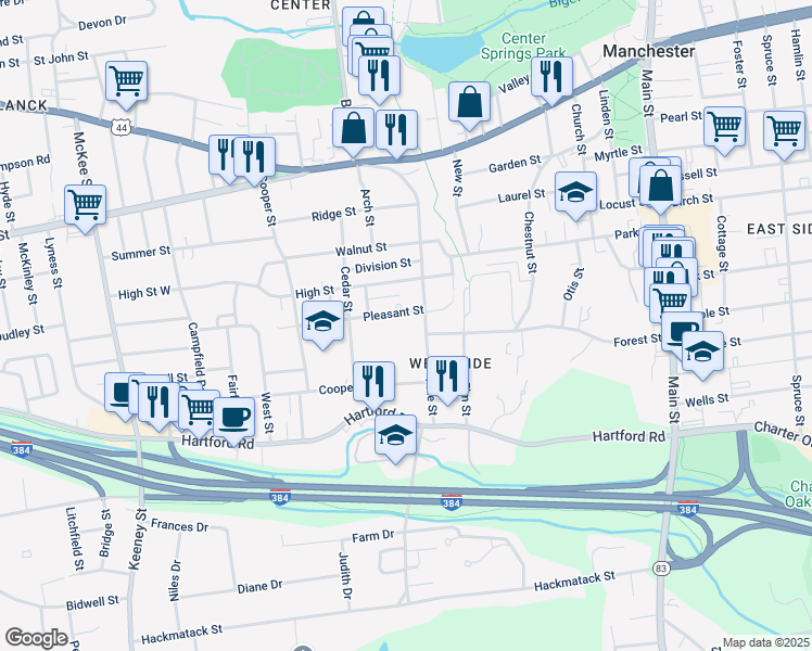 map of restaurants, bars, coffee shops, grocery stores, and more near 150 Pine Street in Manchester