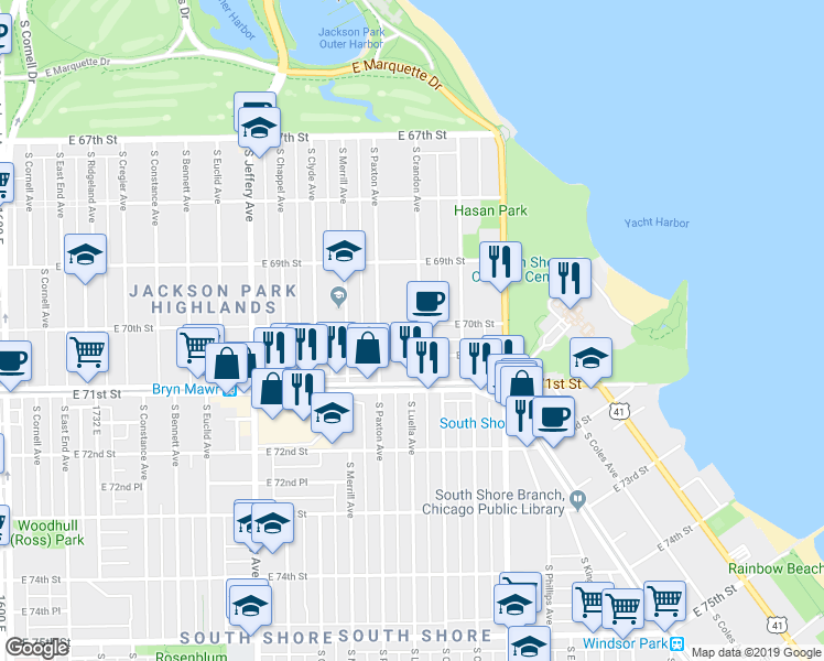 map of restaurants, bars, coffee shops, grocery stores, and more near 2233 East 70th Street in Chicago