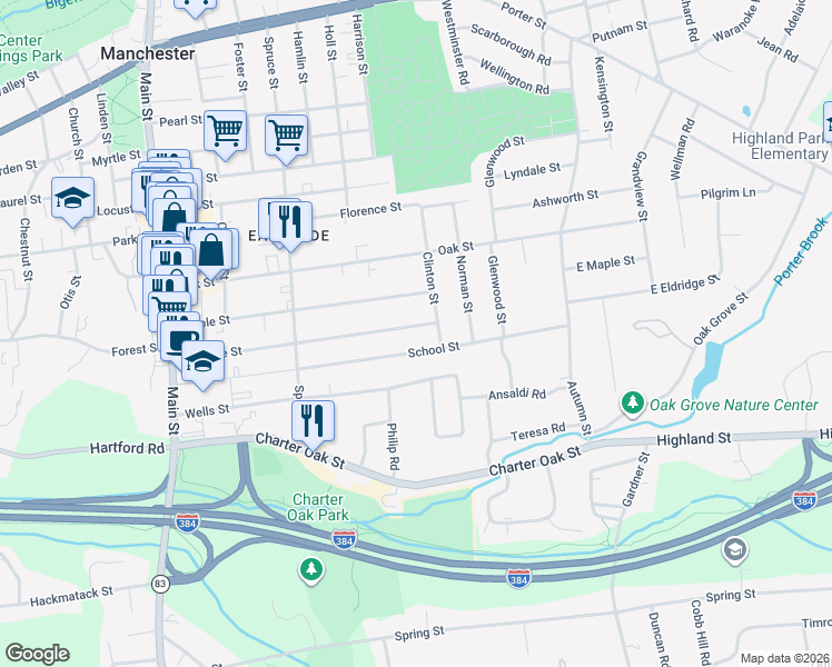 map of restaurants, bars, coffee shops, grocery stores, and more near 189 School Street in Manchester