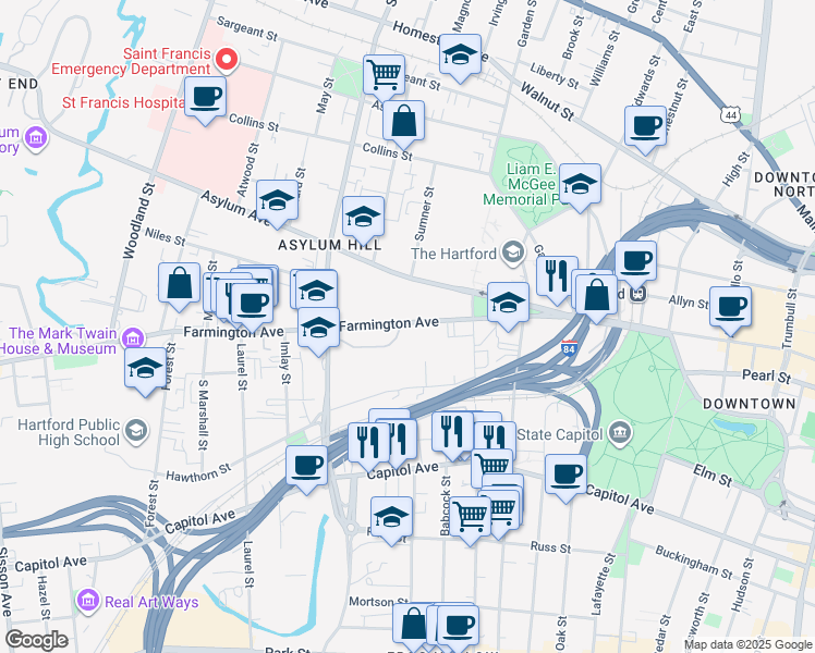 map of restaurants, bars, coffee shops, grocery stores, and more near 183 Farmington Ave in Hartford