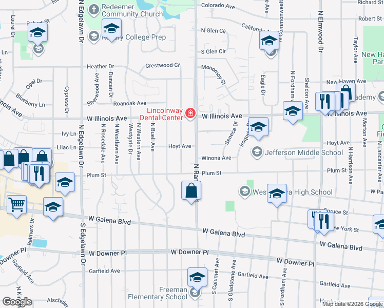 map of restaurants, bars, coffee shops, grocery stores, and more near 530 North Randall Road in Aurora
