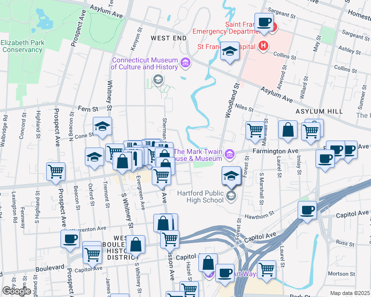 map of restaurants, bars, coffee shops, grocery stores, and more near in Hartford
