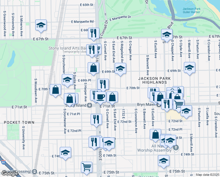 map of restaurants, bars, coffee shops, grocery stores, and more near South Cornell Avenue & East 70th Street in Chicago