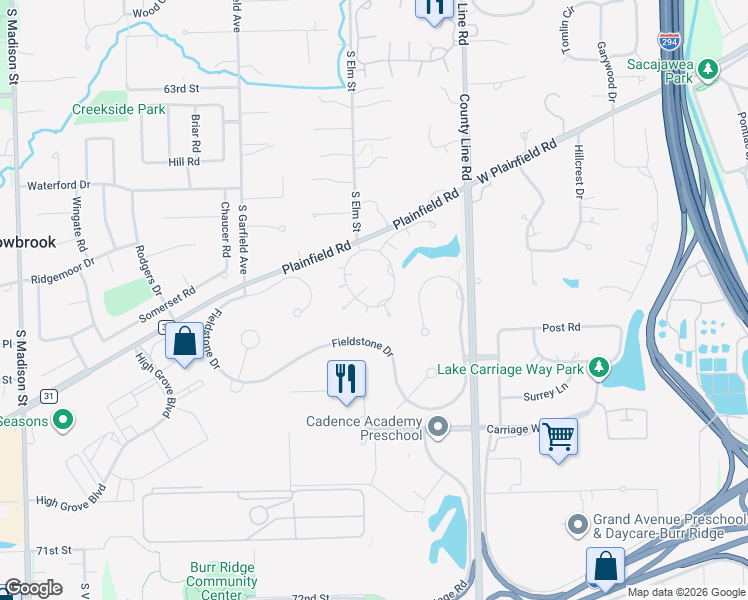 map of restaurants, bars, coffee shops, grocery stores, and more near 602 Kenmare Drive in Burr Ridge
