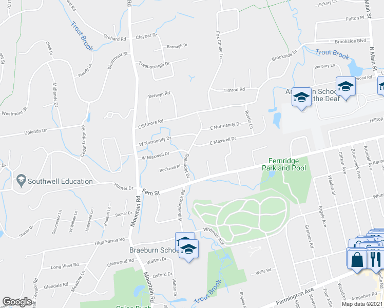 map of restaurants, bars, coffee shops, grocery stores, and more near 28 Gallaudet Drive in West Hartford
