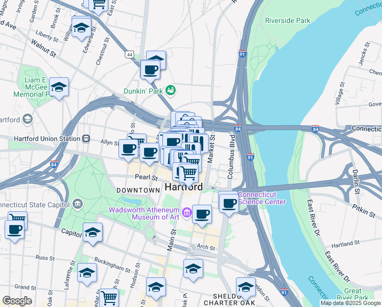 map of restaurants, bars, coffee shops, grocery stores, and more near 884-914 Main Street in Hartford