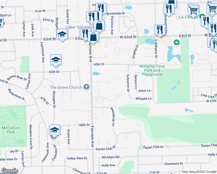 map of restaurants, bars, coffee shops, grocery stores, and more near 200 Village Drive in Downers Grove