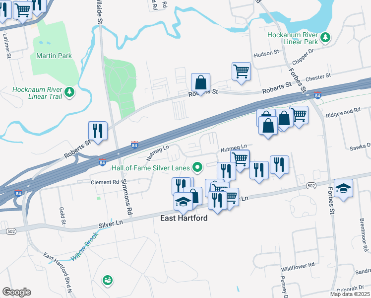 map of restaurants, bars, coffee shops, grocery stores, and more near 130 Nutmeg Lane in East Hartford