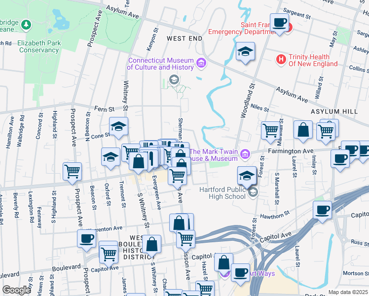 map of restaurants, bars, coffee shops, grocery stores, and more near 30 Sherman Street in Hartford