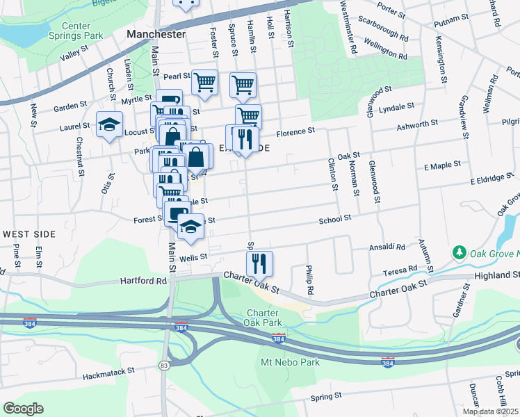 map of restaurants, bars, coffee shops, grocery stores, and more near 126 Eldridge Street in Manchester