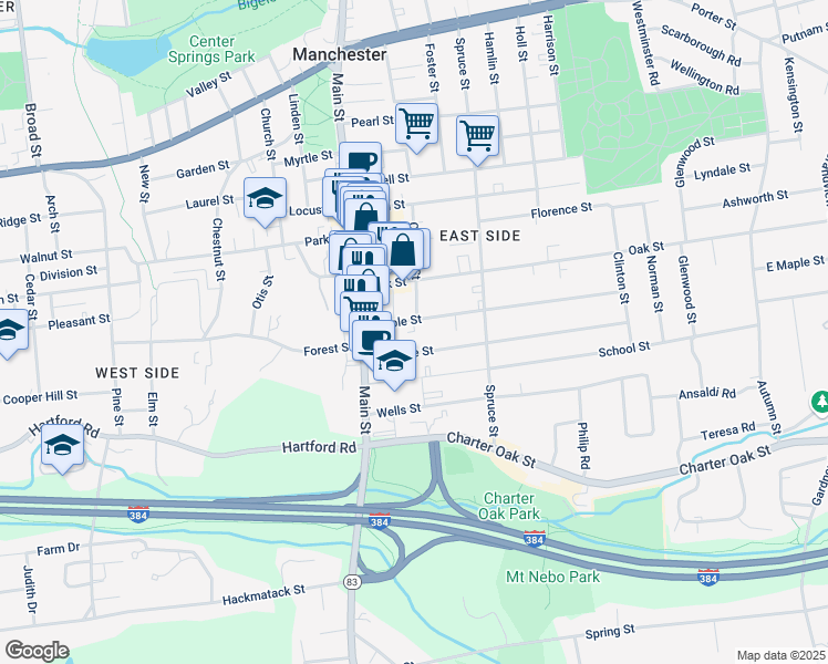 map of restaurants, bars, coffee shops, grocery stores, and more near 29 Eldridge Street in Manchester