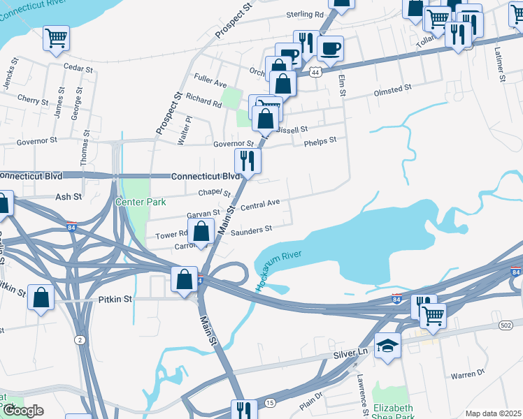 map of restaurants, bars, coffee shops, grocery stores, and more near 11 Central Avenue in East Hartford