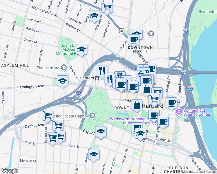 map of restaurants, bars, coffee shops, grocery stores, and more near 356 Asylum Street in Hartford