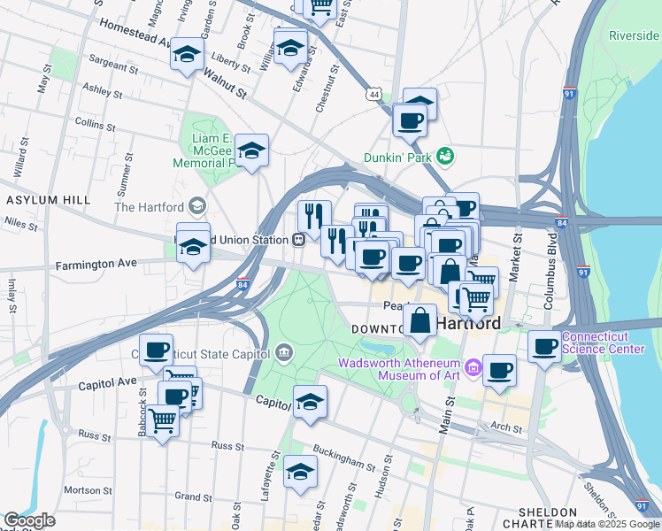 map of restaurants, bars, coffee shops, grocery stores, and more near 356 Asylum Street in Hartford