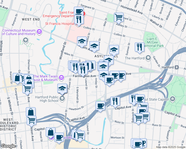 map of restaurants, bars, coffee shops, grocery stores, and more near 235 Farmington Avenue in Hartford