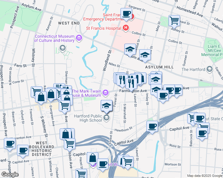 map of restaurants, bars, coffee shops, grocery stores, and more near in Hartford