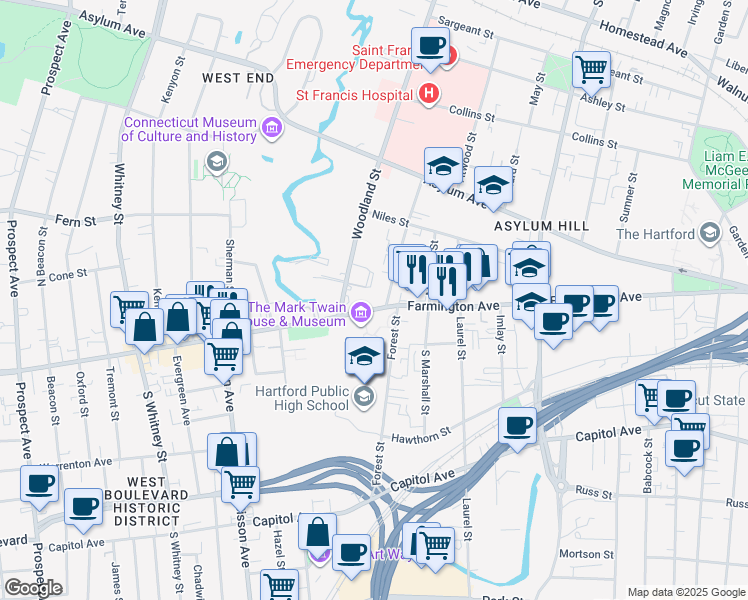 map of restaurants, bars, coffee shops, grocery stores, and more near in Hartford