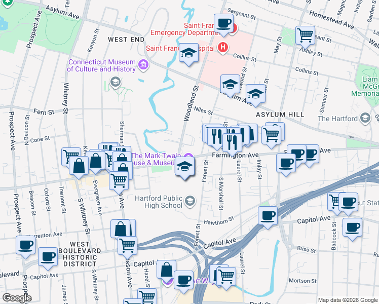 map of restaurants, bars, coffee shops, grocery stores, and more near 367 Farmington Avenue in Hartford