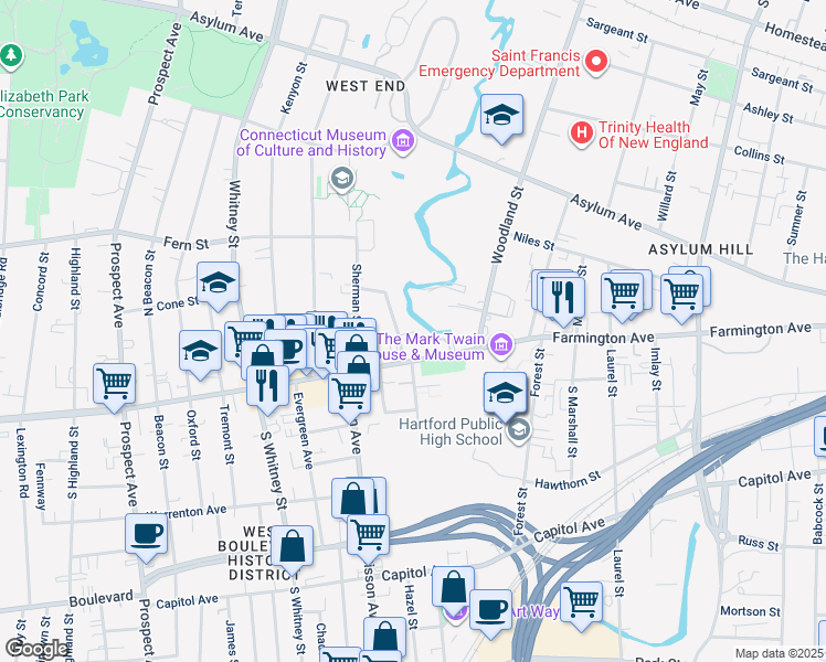 map of restaurants, bars, coffee shops, grocery stores, and more near in Hartford