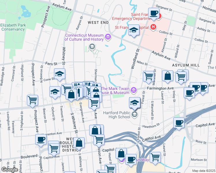 map of restaurants, bars, coffee shops, grocery stores, and more near 14 Lorraine Street in Hartford