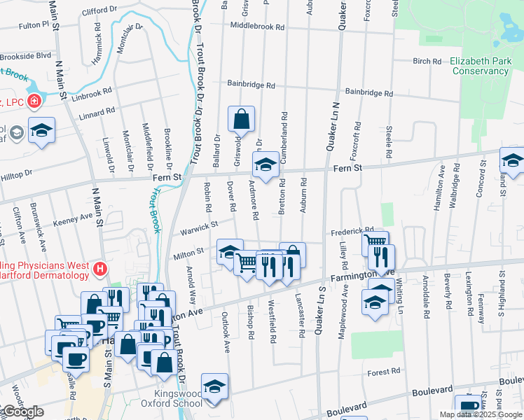 map of restaurants, bars, coffee shops, grocery stores, and more near 97 Ardmore Road in West Hartford