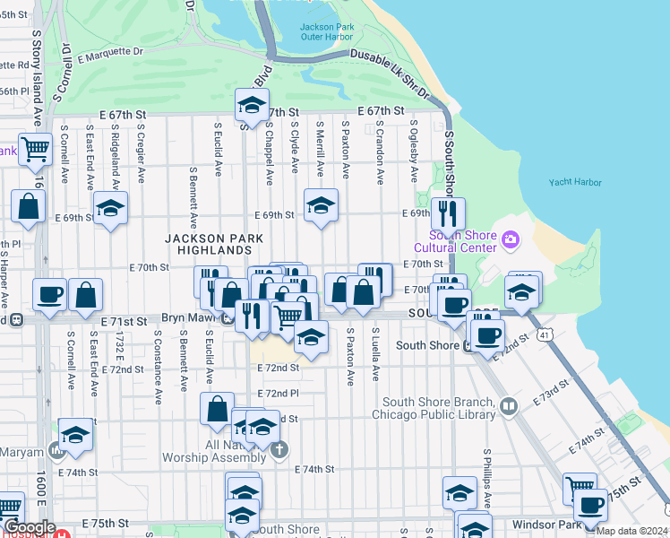 map of restaurants, bars, coffee shops, grocery stores, and more near 7016 South Paxton Avenue in Chicago
